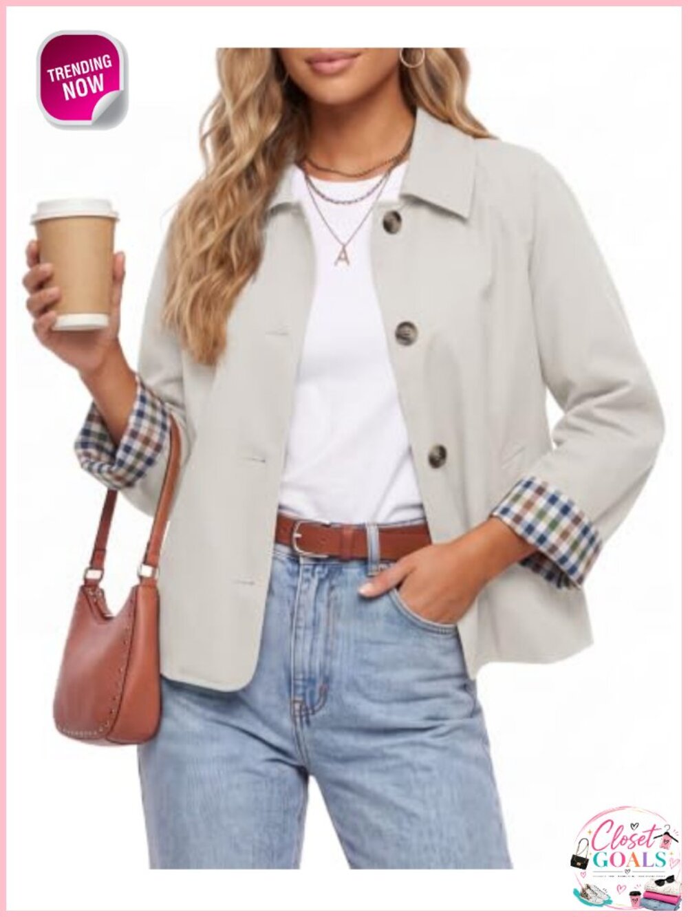 Cropped Trench Coat Button Down Casual Jacket Plaid Lining